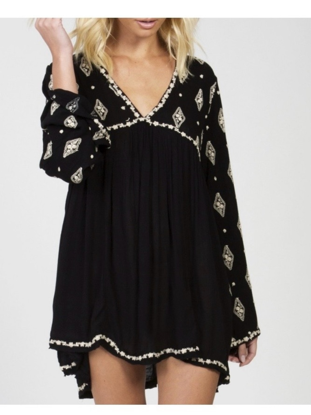 Free People Diamond Embroidered Bell Sleeve Babydoll Mini Dress